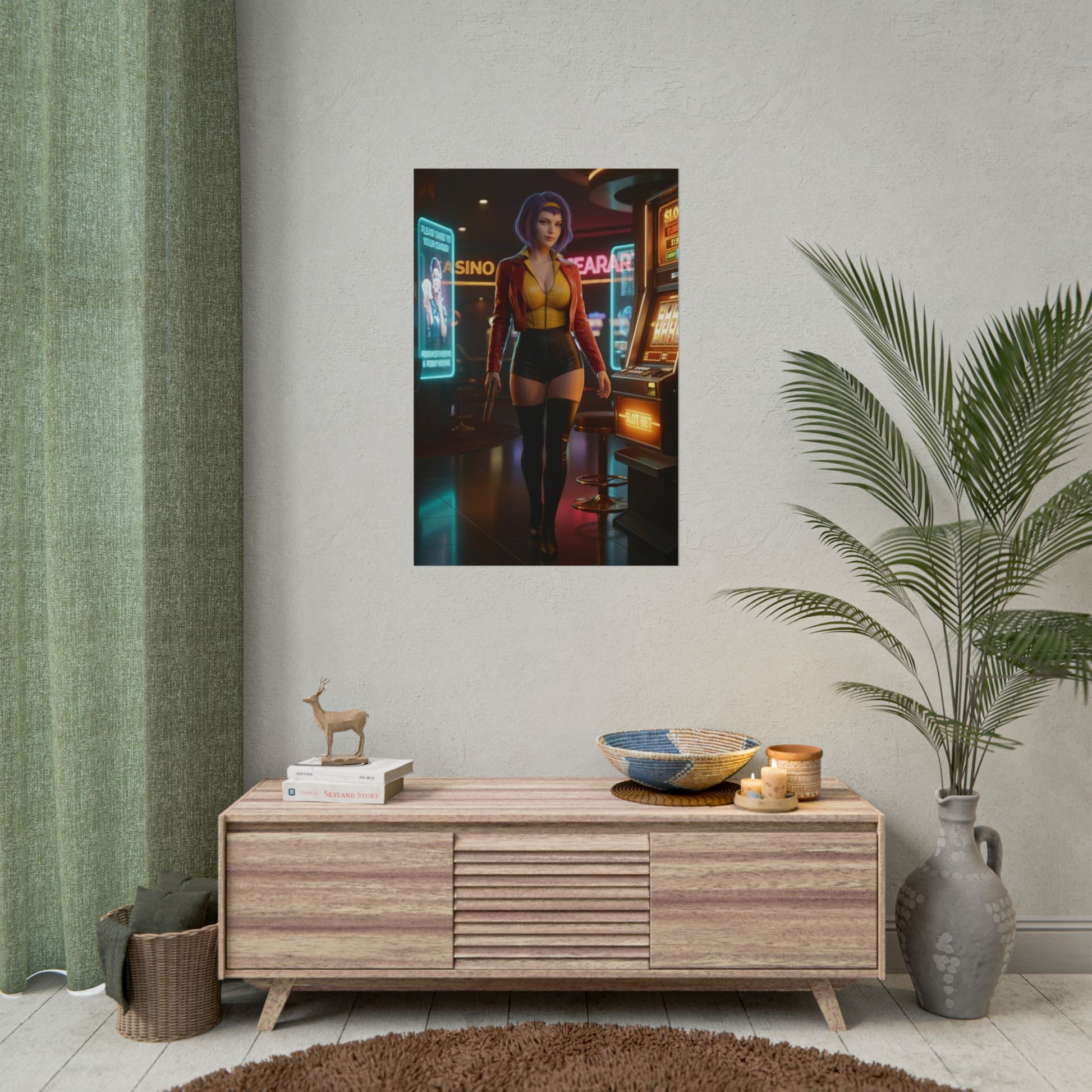 Faye Valentine Poster, Cowboy Bebop Art Print – Anime Wall Art in gamer room decor showing character at neon casino scene