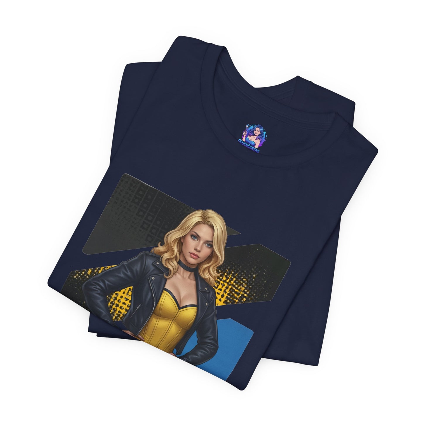 Black Canary T-Shirt | DC Comics Anime Tee for Gamers & Hero Fans folded navy tee showing anime-style Black Canary illustration on Bella Canvas 3001