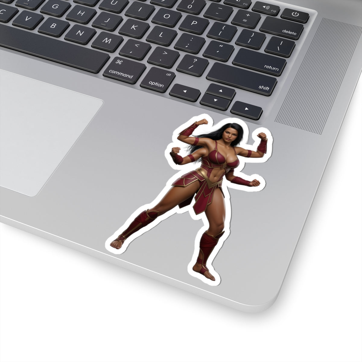 Sheeva Sticker – Mortal Kombat Vinyl Sticker for Laptops & Indoor Decor on silver laptop showing glossy, durable vinyl, bold colors and strong adhesive