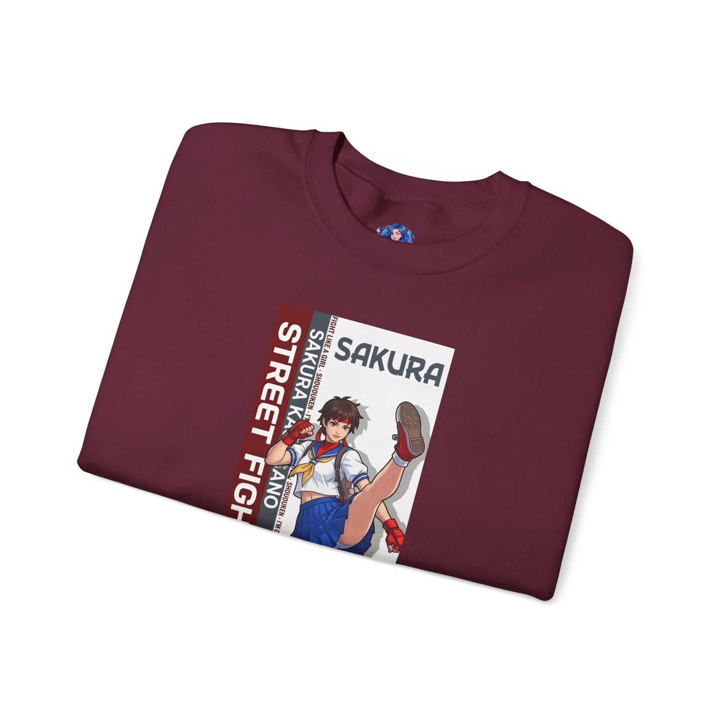 Sakura Sweatshirt, Street Fighter Crewneck, Classic Fighting Game Apparel for Fans - maroon crewneck with Sakura character artwork