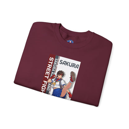 Sakura Sweatshirt, Street Fighter Crewneck, Classic Fighting Game Apparel for Fans - maroon crewneck with Sakura character artwork