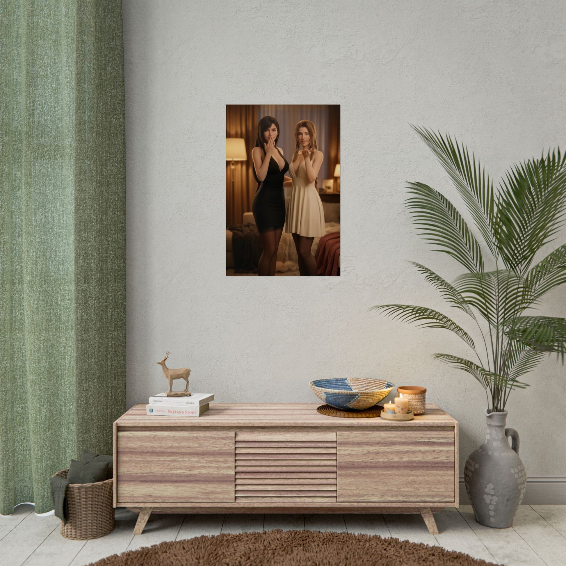 Tifa Aerith Poster, Final Fantasy Art Print – Gamer Gift Wall Art framed on living room wall above midcentury console, gaming decor