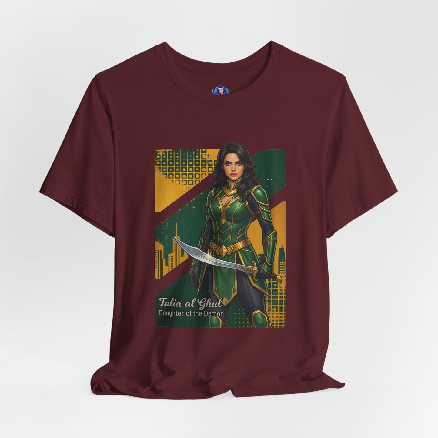 Talia al Ghul T-Shirt | DC Comics Anime Tee for Gamers & Comic Fans featuring anime-style Talia al Ghul on Bella Canvas 3001 maroon tee