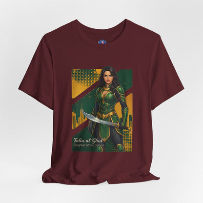 Talia al Ghul T-Shirt | DC Comics Anime Tee for Gamers & Comic Fans featuring anime-style Talia al Ghul on Bella Canvas 3001 maroon tee