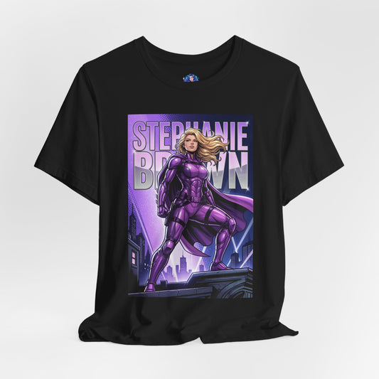 Stephanie Brown T-Shirt | DC Comics Anime Tee for Gamers & Fans featuring Stephanie Brown in purple Batgirl-era suit overlooking city skyline on Bella Canvas tee