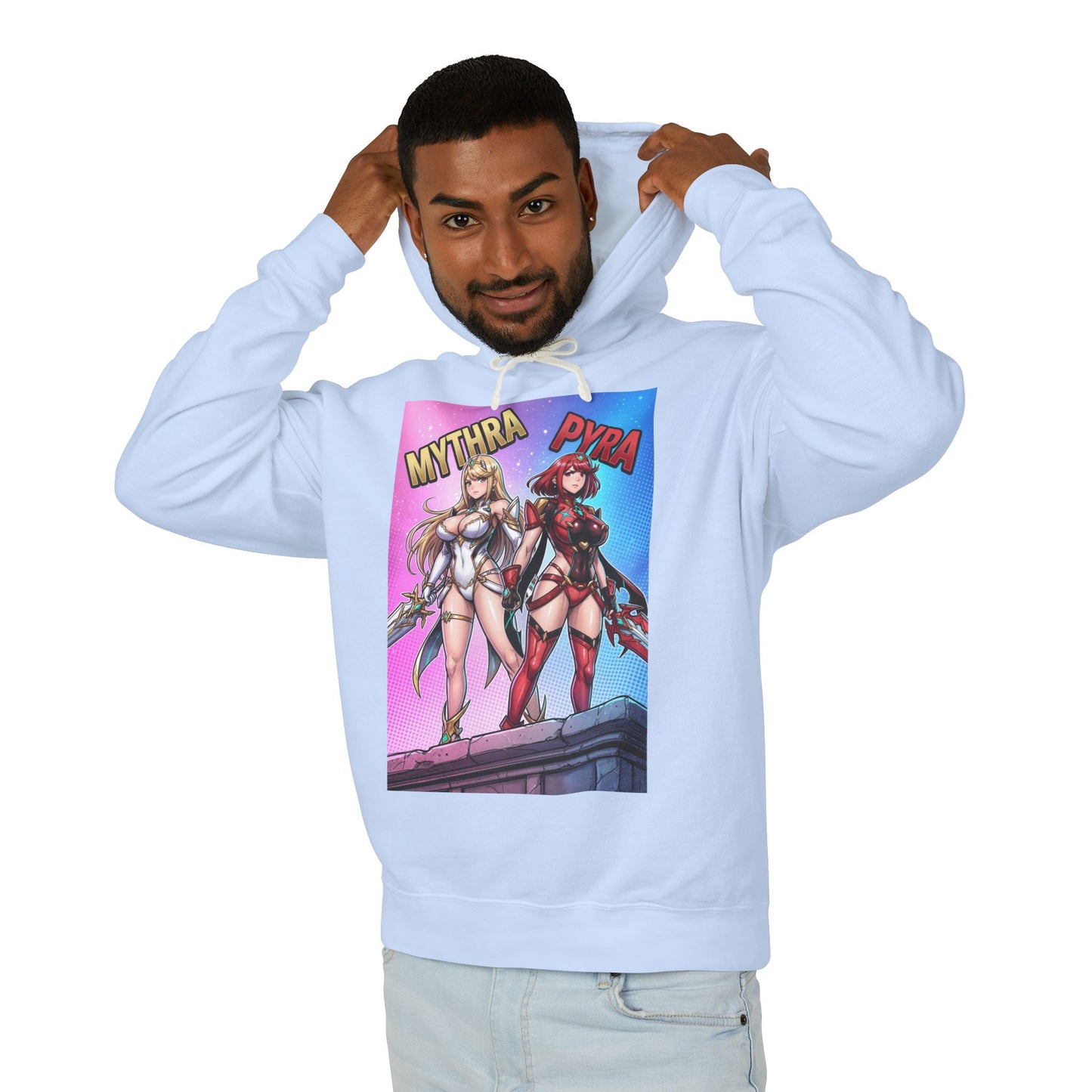 Mythra & Pyra Hoodie | JRPG Fantasy Hoodie | Anime Warrior Pullover - man wearing white hoodie featuring Mythra and Pyra anime artwork