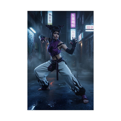 Han Juri Poster, Street Fighter Art Print – Iconic Fighting Game Heroine poster showing Han Juri in a neon-lit alley pose