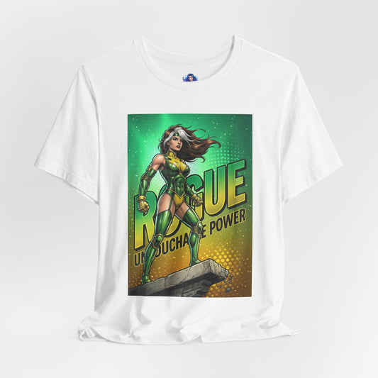 Alt Tag: Rogue T-Shirt | Marvel X-Men Anime Tee for Gamers & Fans white Bella Canvas tee featuring anime-style Rogue in green-and-yellow suit standing heroically