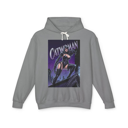 Catwoman Hoodie | DC Anti-Hero Hoodie | Gotham Thief Pullover grey pullover with Catwoman graphic on rooftop, soft 100% ring-spun cotton