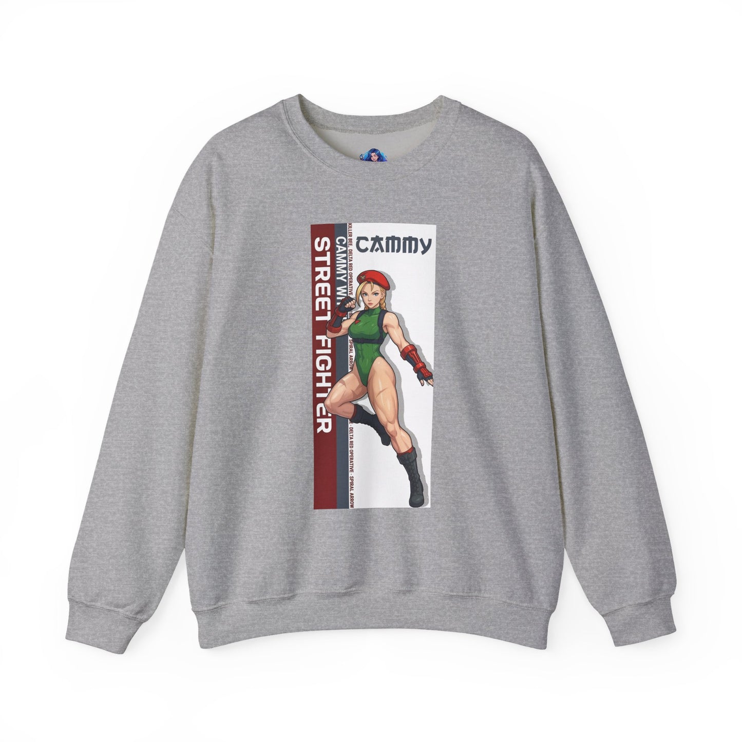 Cammy Sweatshirt, Street Fighter Crewneck, Classic Fighting Game Apparel for Fans – grey crewneck with Cammy character artwork