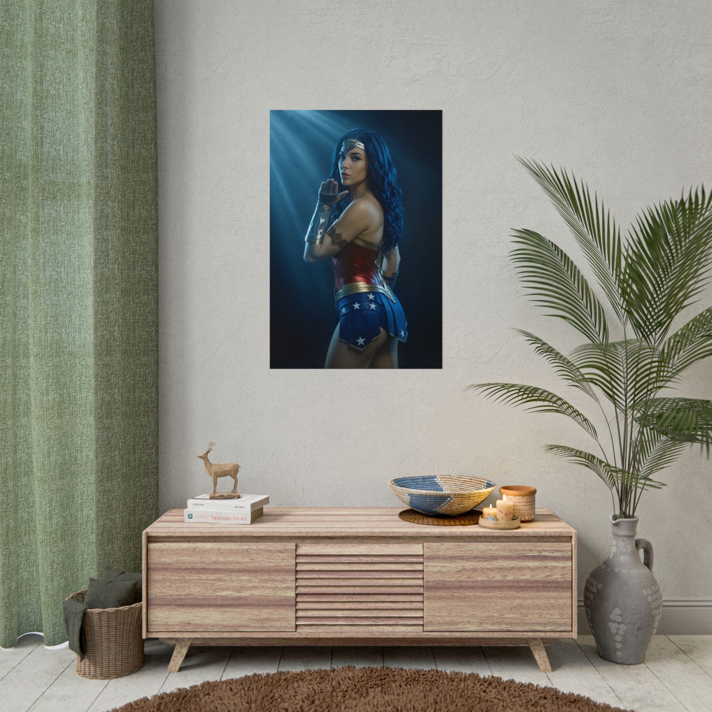 Wonder Woman Poster – Iconic Warrior Heroine Wall Art for Gamer Decor, high-res semi-gloss print showing heroic pose on bedroom wall