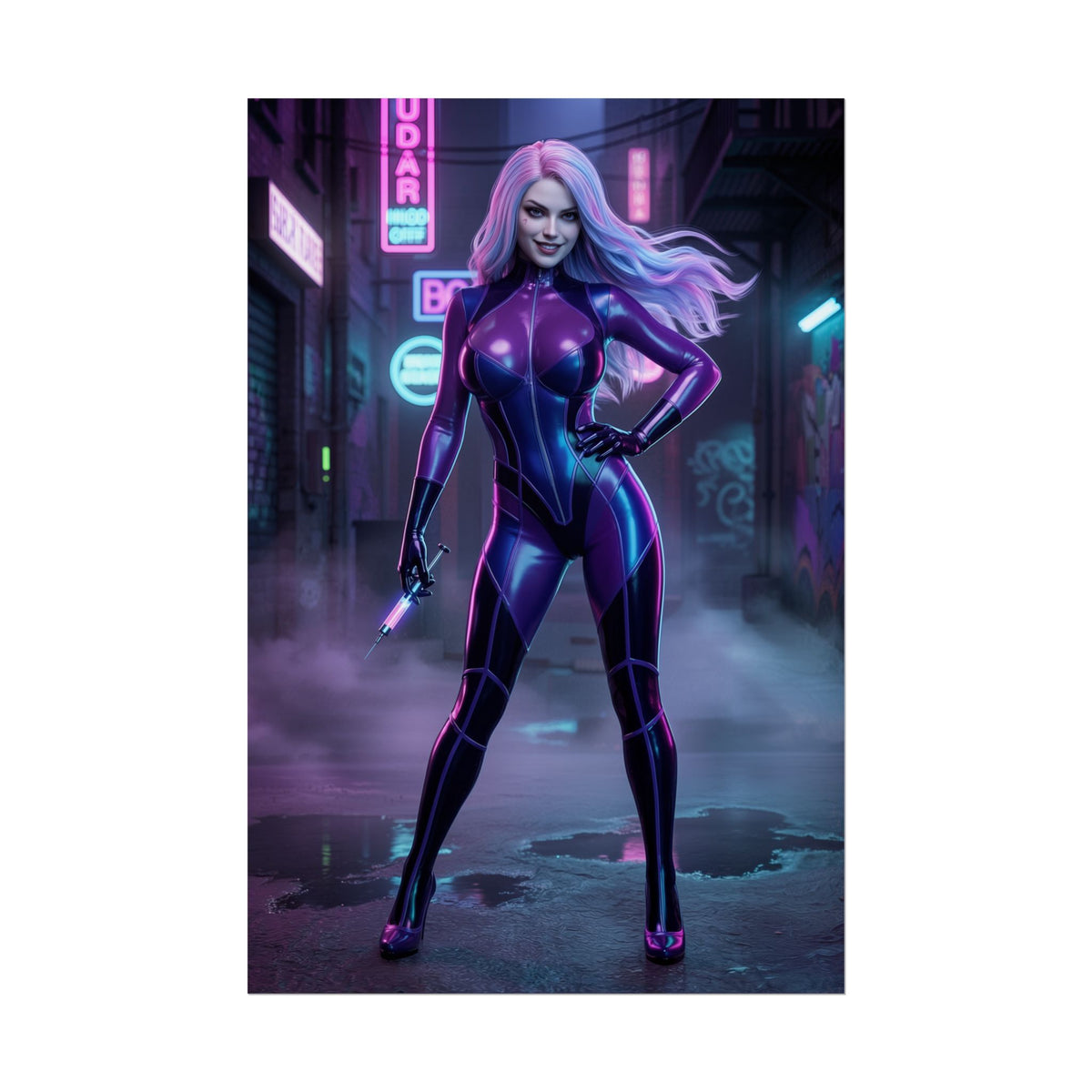 Punchline Poster, DC Comics Art Print  Supervillain Wall Art featuring neon-lit female supervillain in sleek purple suit for gamer room decor