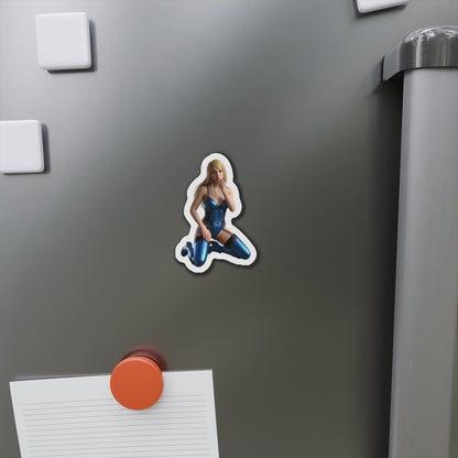 Samus Aran Magnet – Sci-Fi Game Heroine Fridge Magnet, Anime Style Decor die-cut vinyl magnet showing anime-style Samus Aran on a steel fridge