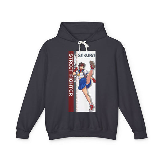 Sakura Hoodie | Street Fighter Hoodie | Anime Martial Artist Pullover - navy pullover with lively Sakura kick illustration