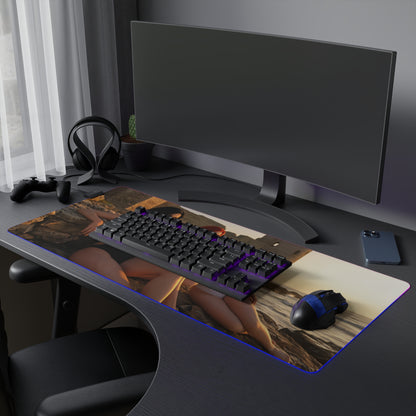 Ciri, Triss Merigold & Yennefer Desk Mat – LED RGB Pad on gaming desk with keyboard, mouse and purple LED glow