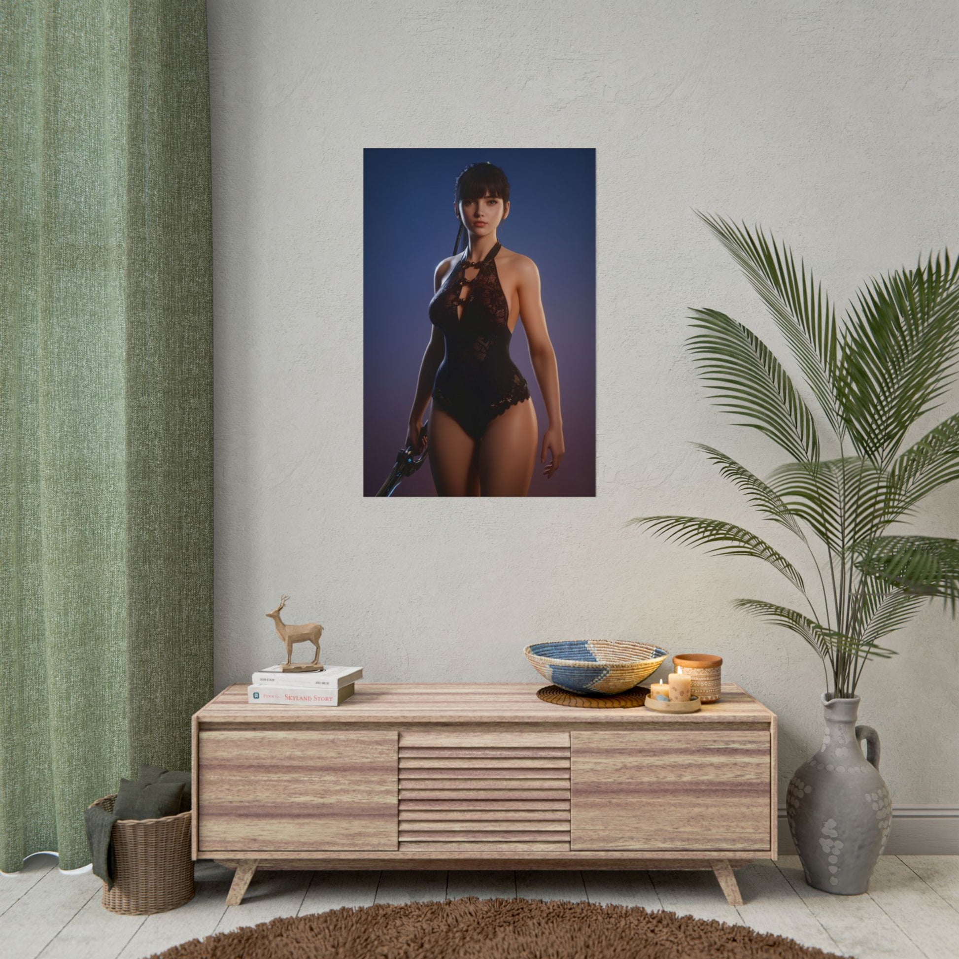 EVE Poster, Stellar Blade Art Print, Iconic Sci-Fi Action Hero Wall Decor showing focused action heroine poster in modern gaming room decor