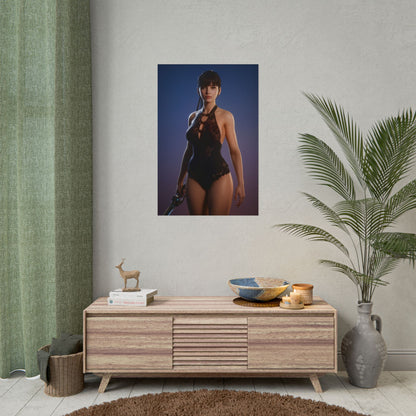 EVE Poster, Stellar Blade Art Print, Iconic Sci-Fi Action Hero Wall Decor showing focused action heroine poster in modern gaming room decor