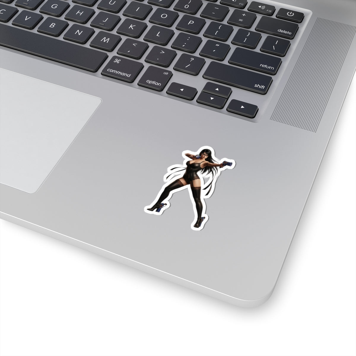 Bayonetta Sticker – Action Game Vinyl Sticker for Laptops & Indoor Decor: glossy vinyl laptop decal showing stylish Bayonetta character in confident pose