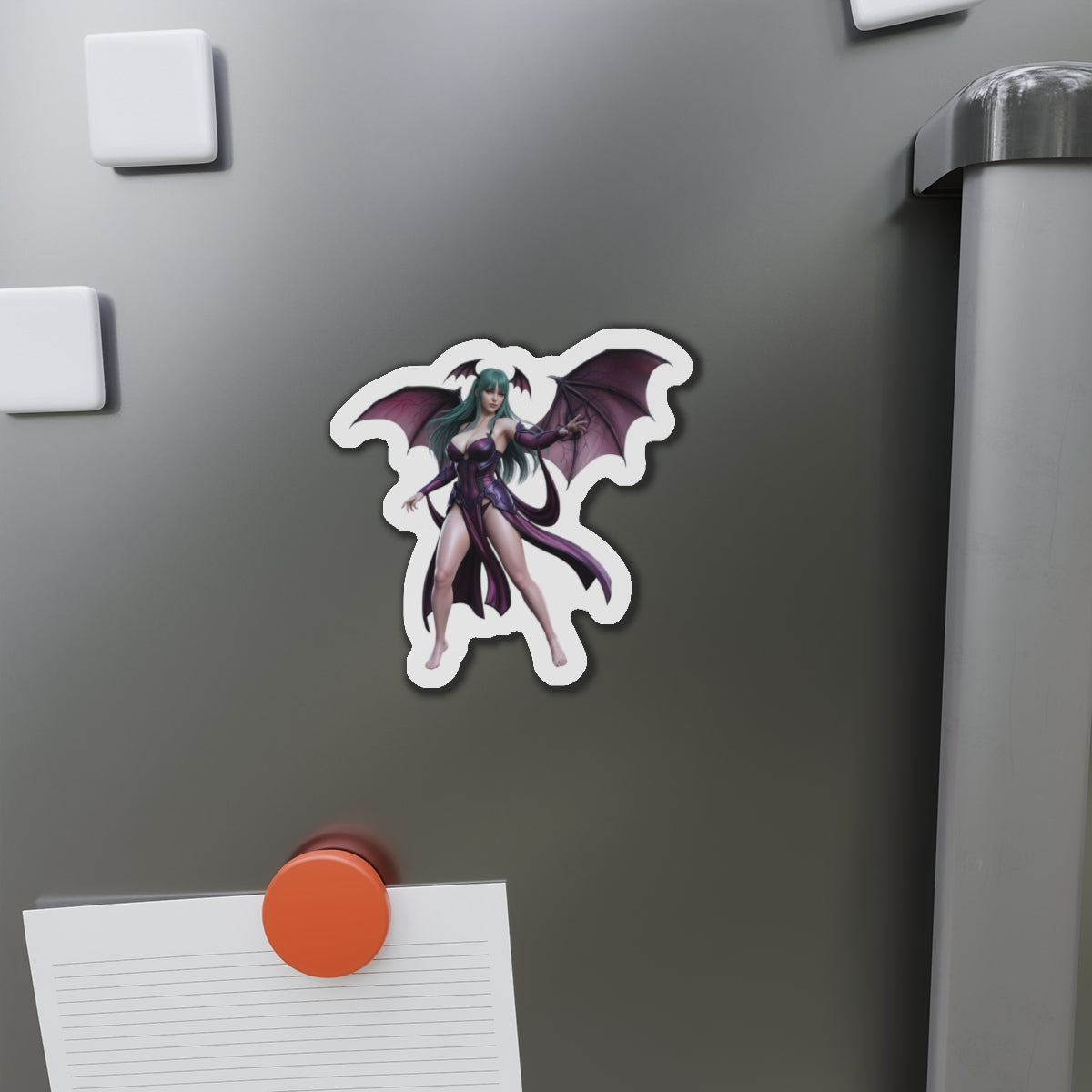 Morrigan Aensland Magnet – Darkstalkers Anime Heroine Fridge Magnet on fridge showing die-cut vinyl artwork of Morrigan Aensland