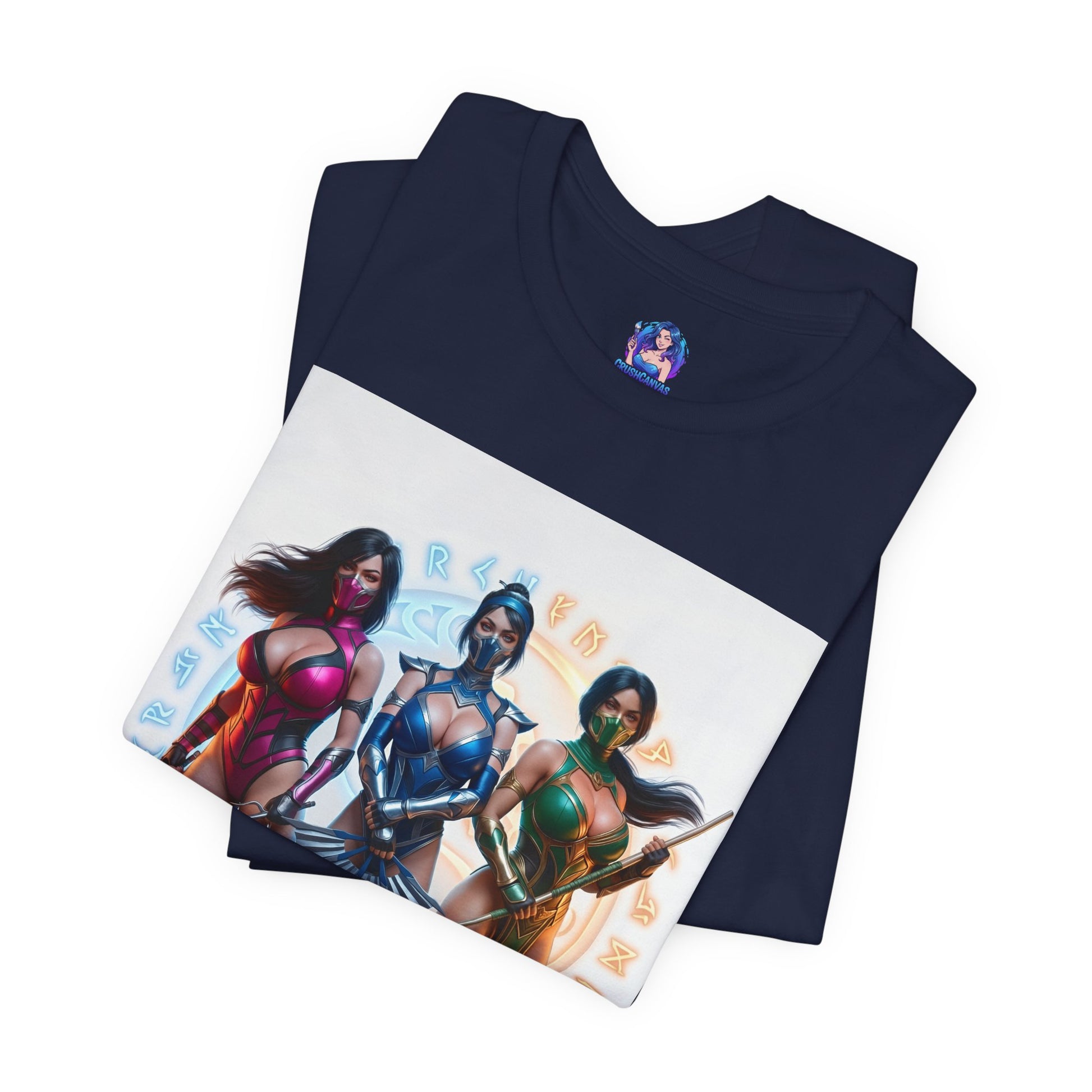 Kitana Jade and Mileena T-Shirt | Mortal Kombat Anime Tee for Gamers & Fans - navy tee with anime-style trio print of Kitana, Jade, Mileena