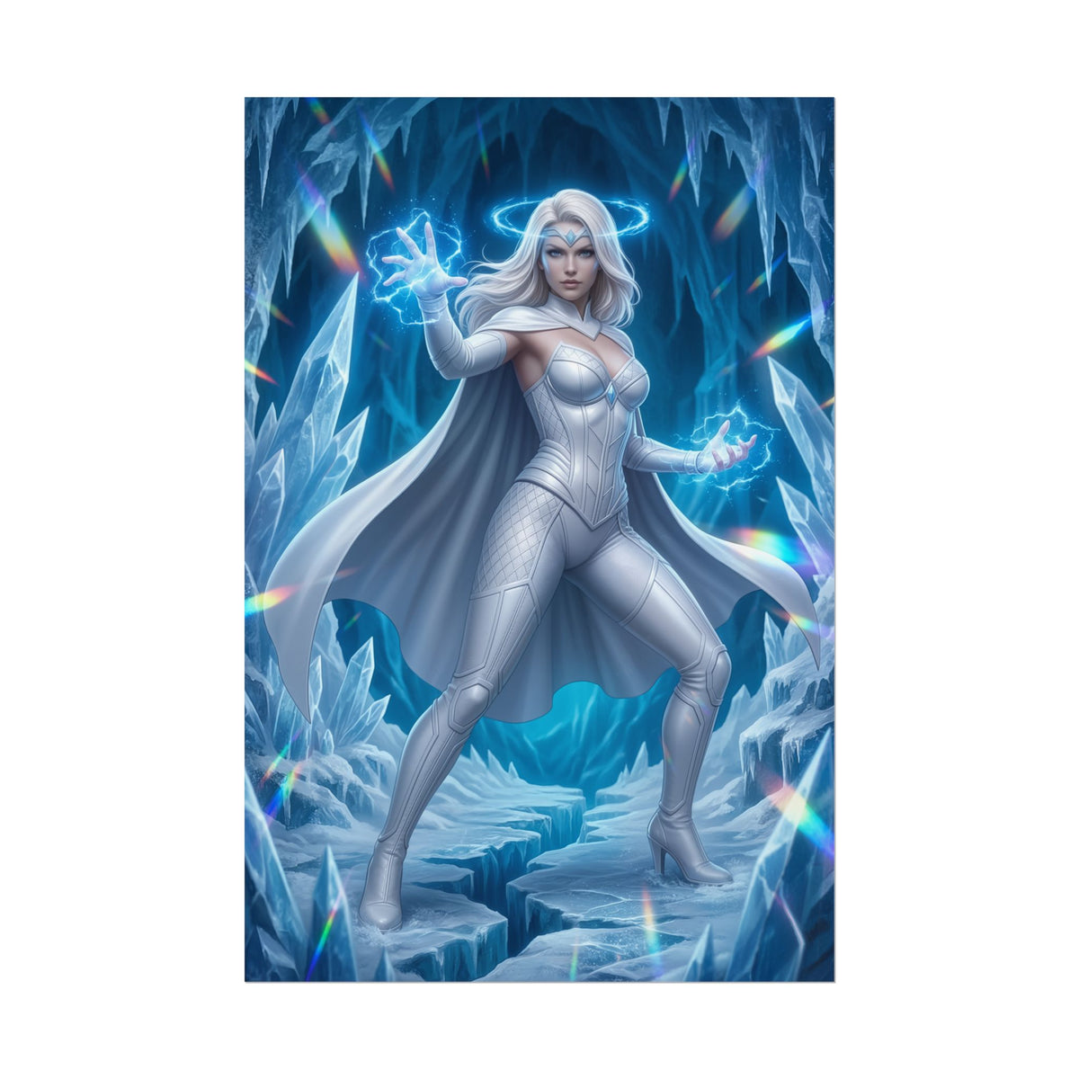 Emma Frost Poster, Marvel Wall Art Print  Comic Heroine Decor featuring Emma Frost in icy crystal cave with glowing telekinetic powers