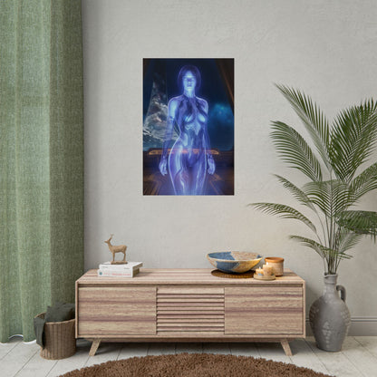 Cortana Halo Poster – Iconic Sci-Fi AI Heroine Wall Art for Gamer Decor displayed above modern console in gaming room