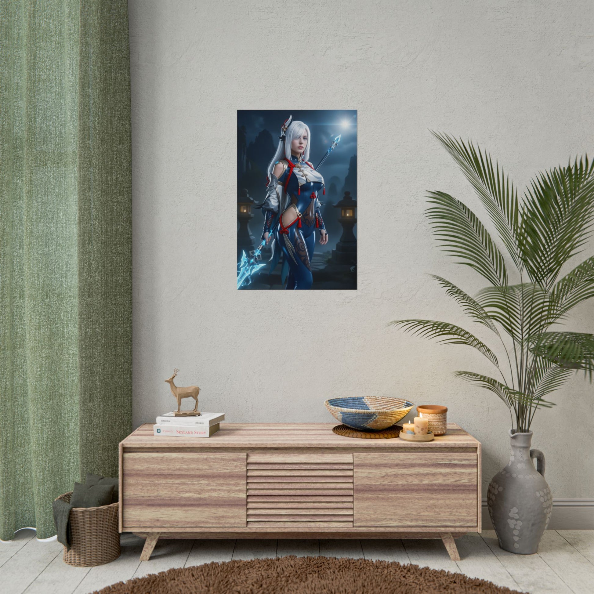 Shenhe Poster, Genshin Impact Art Print – Iconic Cryo Adeptus Heroine hanging in modern gamer room above console, elegant Cryo heroine wall art