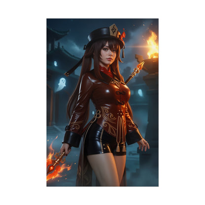 Hu Tao Poster, Genshin Impact Art Print – Iconic Pyro Heroine Wall Art featuring Hu Tao in fiery night shrine scene