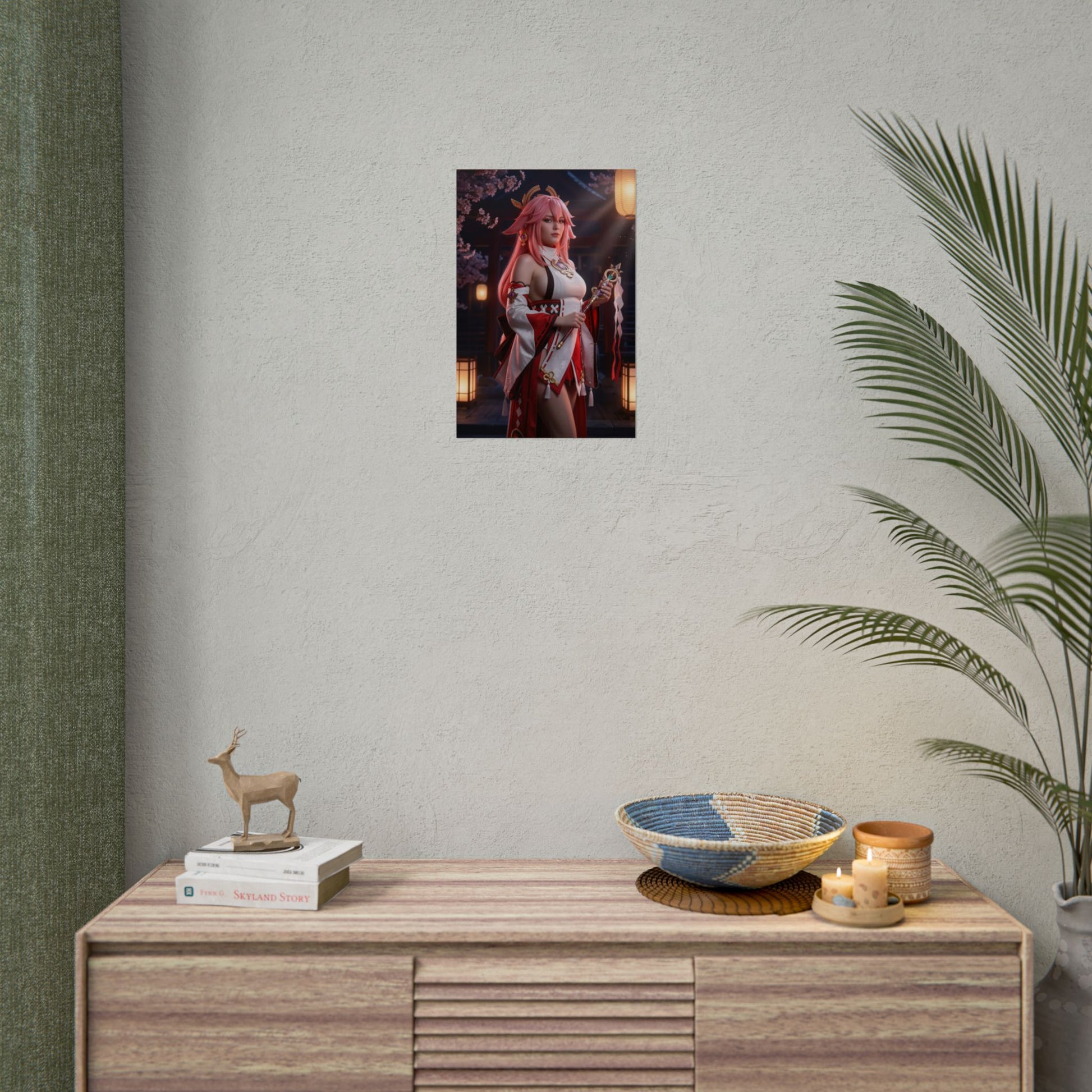 Yae Miko Poster, Genshin Impact Art Print – Iconic Electro Shrine Maiden on minimalist wall in stylish gamer room