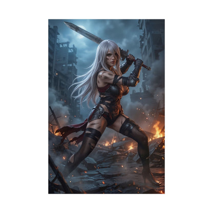 A2 Poster, NieR Automata Art Print – Sci-Fi RPG Heroine Wall Decor featuring fierce female warrior with sword in ruined cyberpunk city