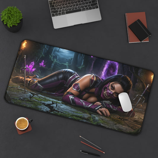 Mileena Gaming Mouse Pad, Mortal Kombat Desk Mat, Fierce Fighter Girl Setup featuring Mileena art on large gaming desk mat
