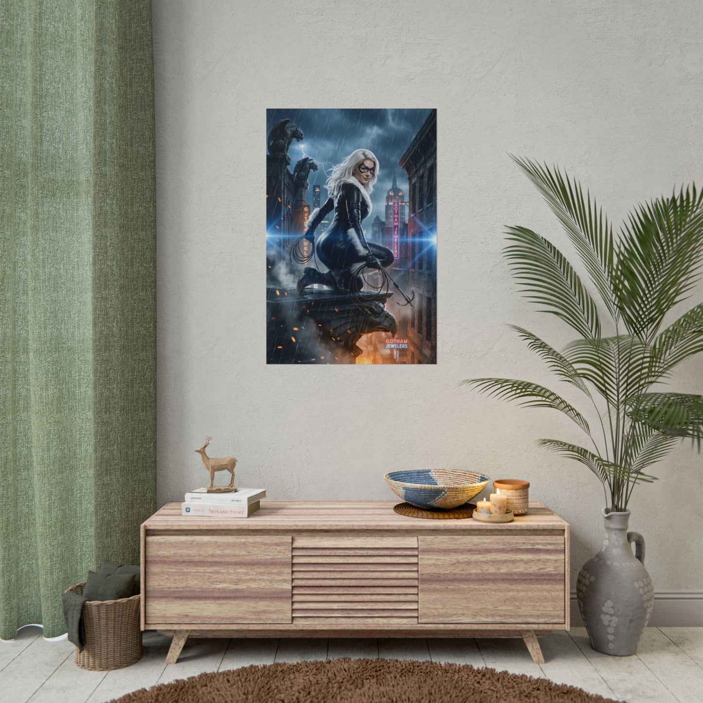 Black Cat Poster, Marvel Print – Classic Comic Wall Art Gift for Fans on living room wall showing ultra-high resolution Black Cat art
