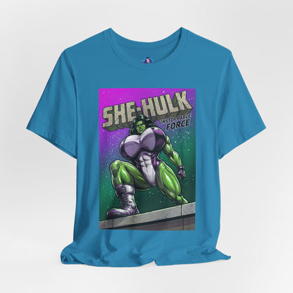 She-Hulk T-Shirt | Marvel Comic Heroine Anime Tee showing powerful comic-style She-Hulk illustration on a Bella Canvas 3001 unisex tee