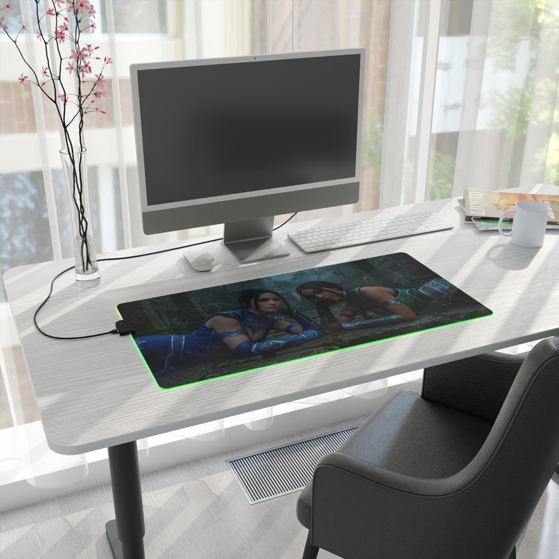 Kitana and Jade Desk Mat – LED RGB Pad, Waifu Fighter Setup on modern white desk with monitor and gaming chair
