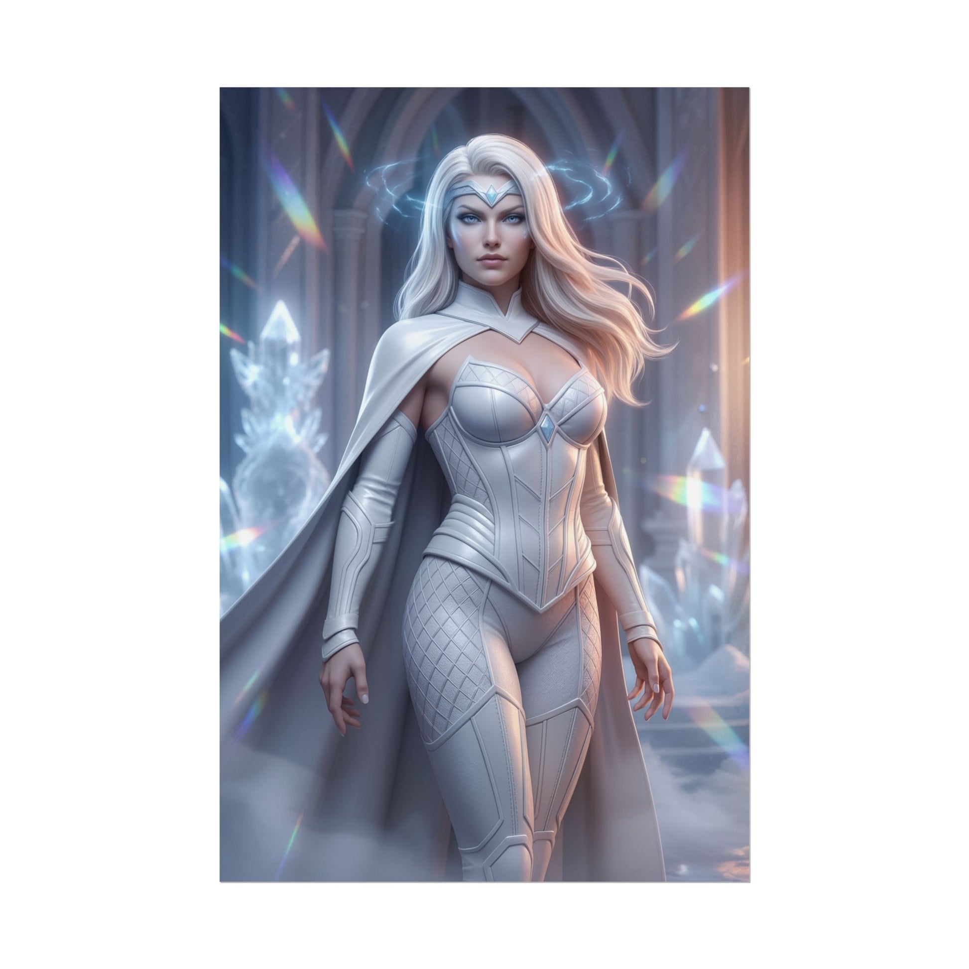 Emma Frost Poster, Marvel Art Print – Superhero Wall Art featuring elegant white-clad Emma Frost in crystalline throne room, premium high-res comic print