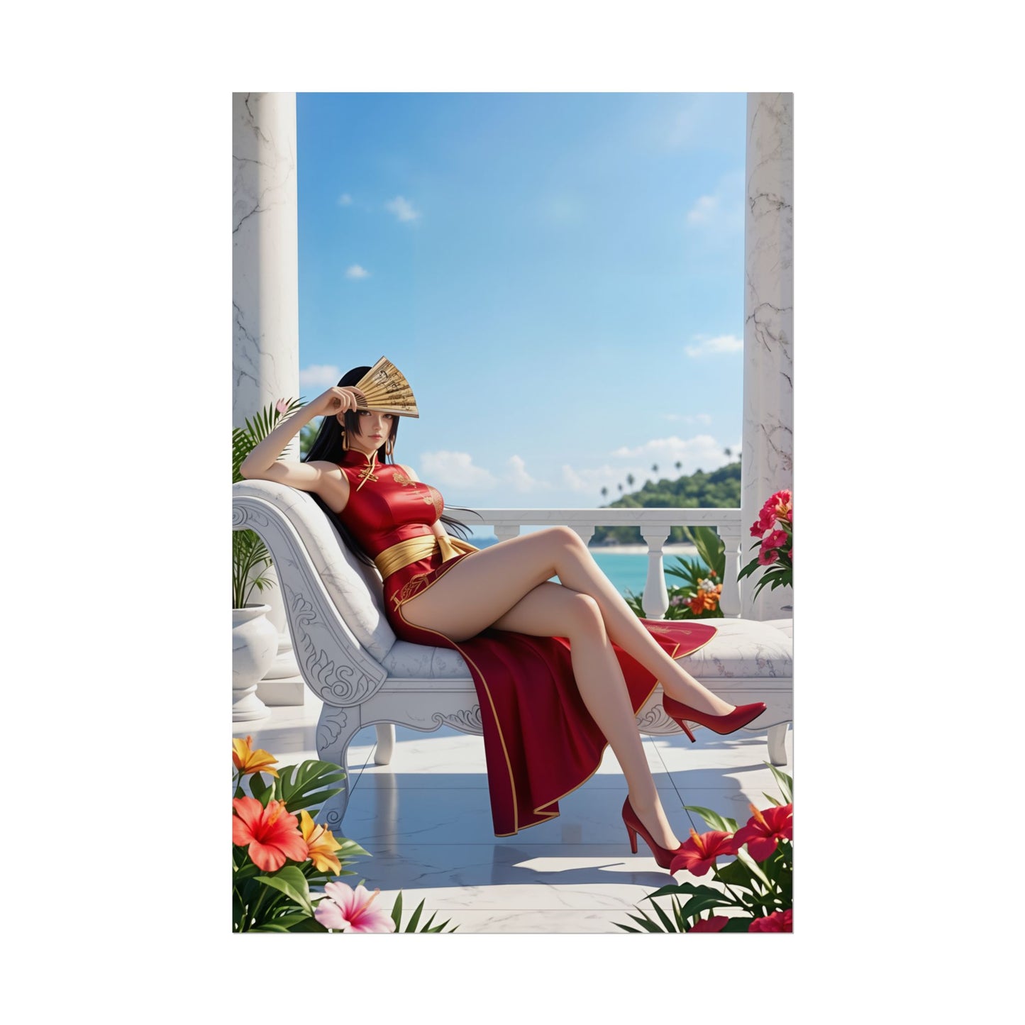 Boa Hancock Poster, One Piece Art Print – Anime Heroine Wall Art featuring Boa Hancock lounging on a seaside chaise in red dress