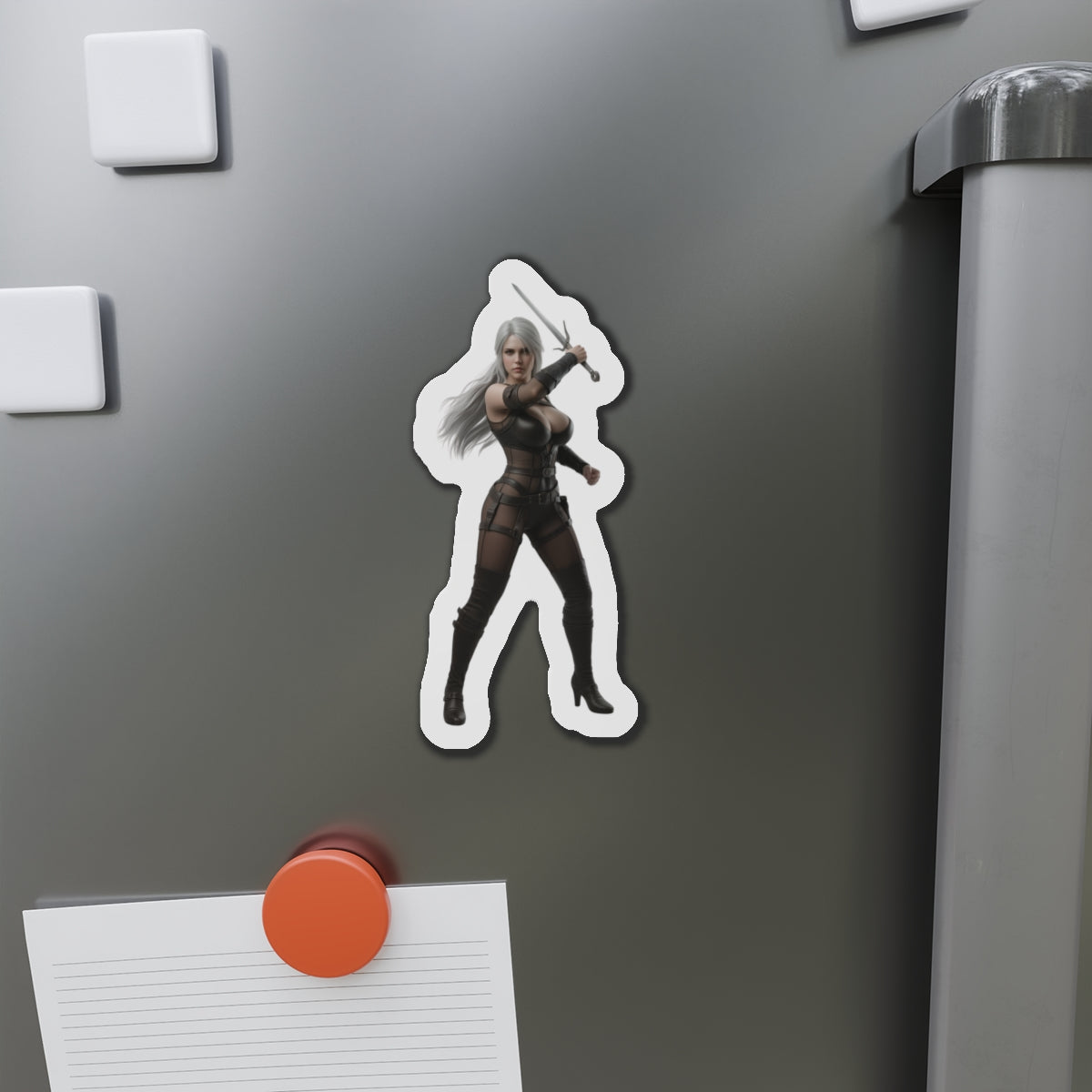 Ciri Magnet – The Witcher Game Heroine Fridge Magnet, Anime Style Decor showing die-cut vinyl Ciri on a gray fridge