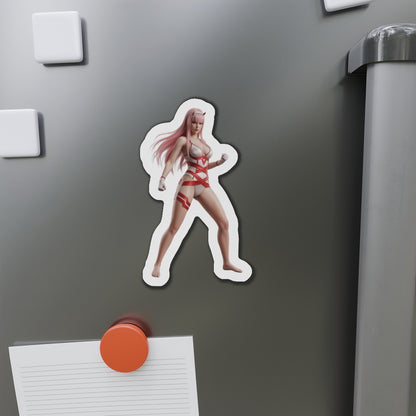 Zero Two Magnet – Anime Character Fridge Magnet, Sci-Fi Decor - die-cut vinyl fridge magnet showing confident anime Zero Two in red outfit
