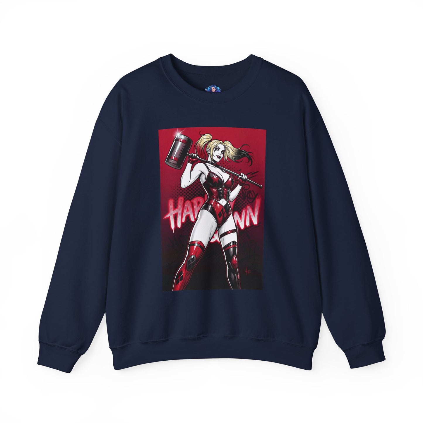 Harley Quinn Sweatshirt, DC Comics Pop Art Style, Premium Fan Apparel with anime-inspired Harley holding oversized hammer on navy crewneck