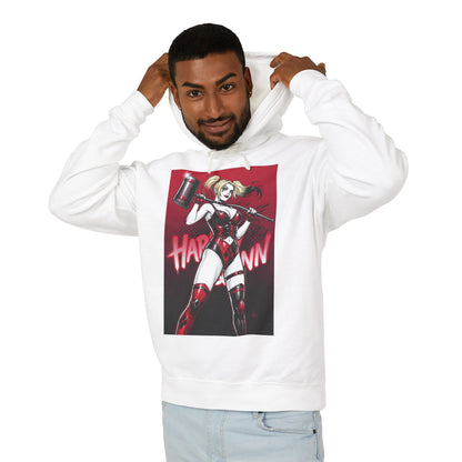 Harley Quinn Hoodie | DC Villain Hoodie | Chaos Queen Pullover - white streetwear hoodie with Harley Quinn graphic and mallet, lightweight cotton