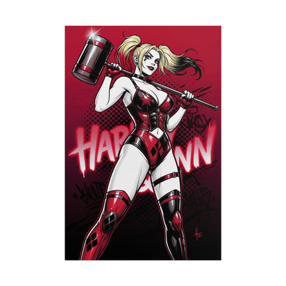 Harley Quinn Poster / Harley Quinn Wall Art / Harley Quinn Art Print / DC Comics Poster bold red-black Harley Quinn holding hammer dynamic pose