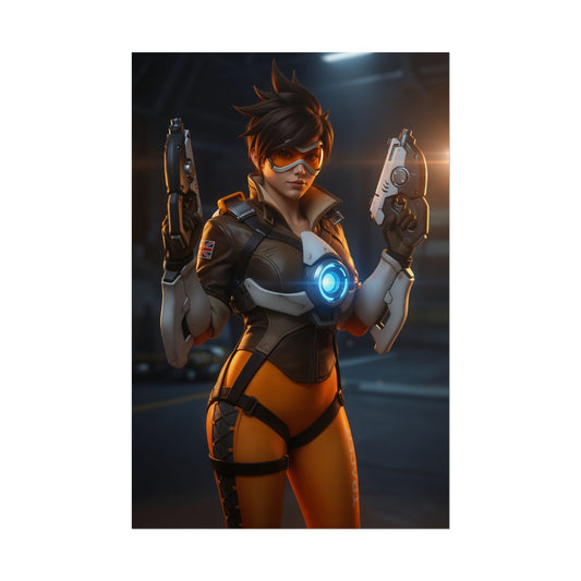 Tracer Poster, Overwatch Art Print – Iconic Speed Heroine Wall Art featuring dynamic Tracer character in goggles, chronal accelerator and dual pulse pistols