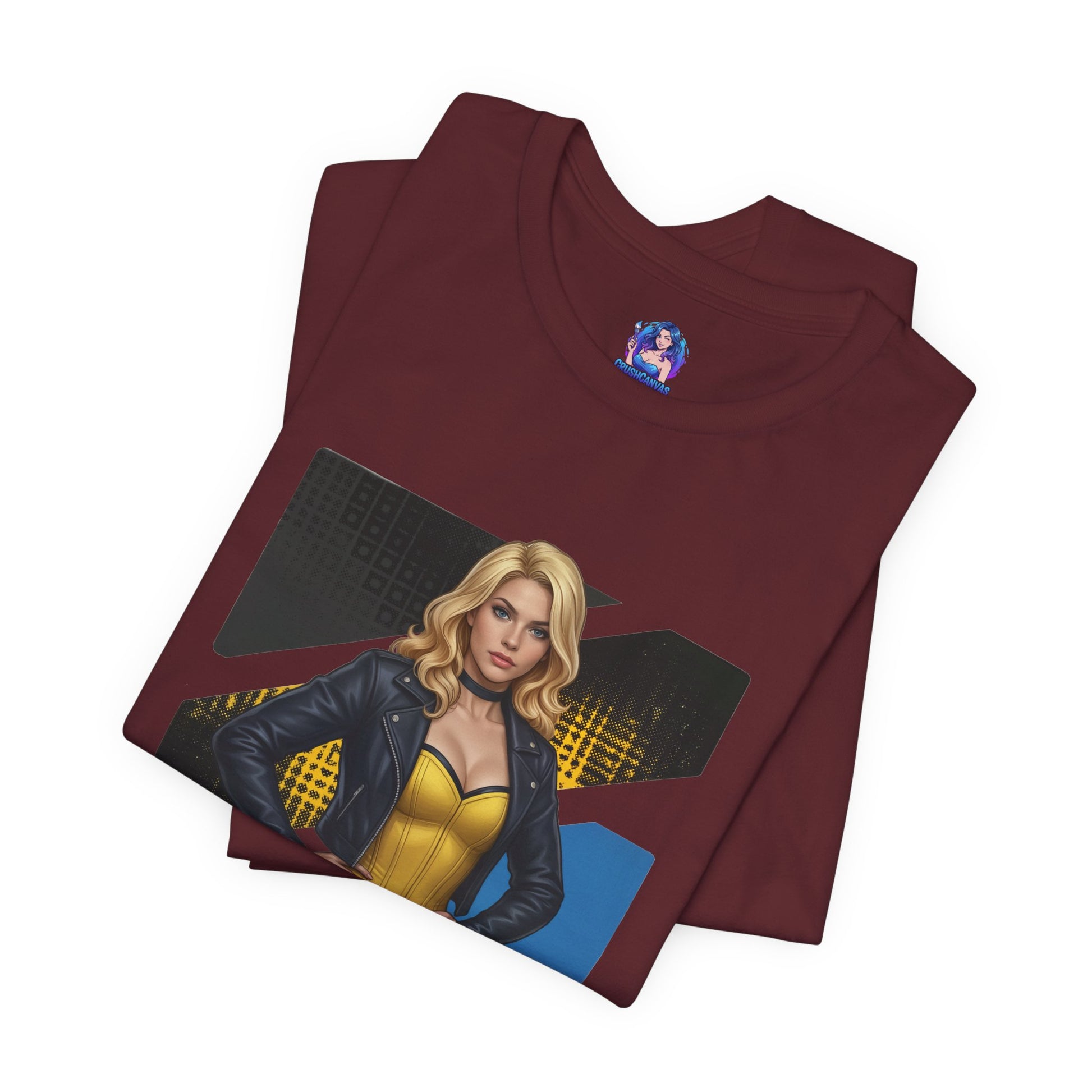 Black Canary T-Shirt | DC Comics Anime Tee for Gamers & Hero Fans folded maroon tee with anime-style Black Canary art on Bella Canvas 3001