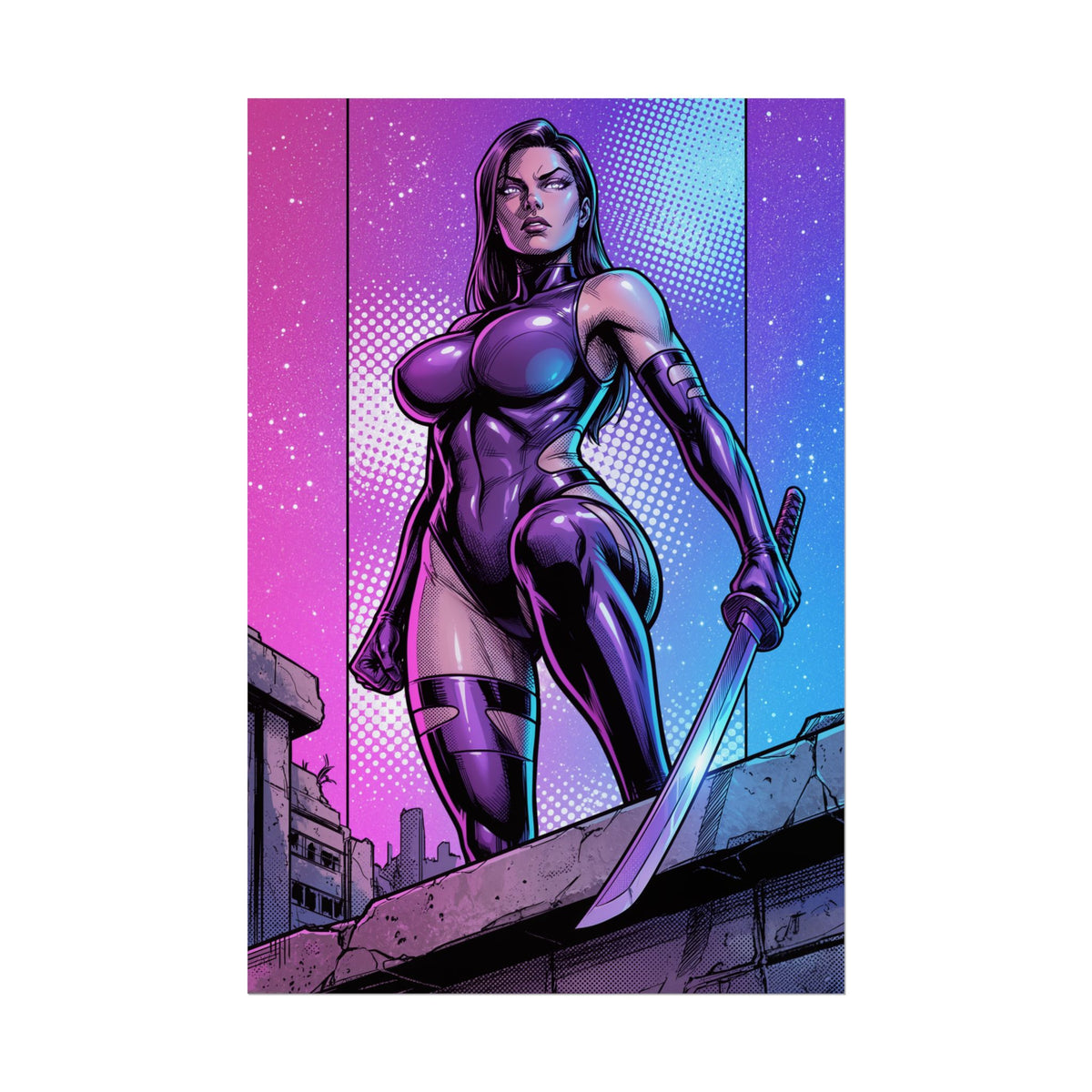 Psylocke Poster / Psylocke Wall Art / Psylocke Art Print / X-Men Poster - neon purple Psylocke warrior with psychic glow, katana, bold comic art