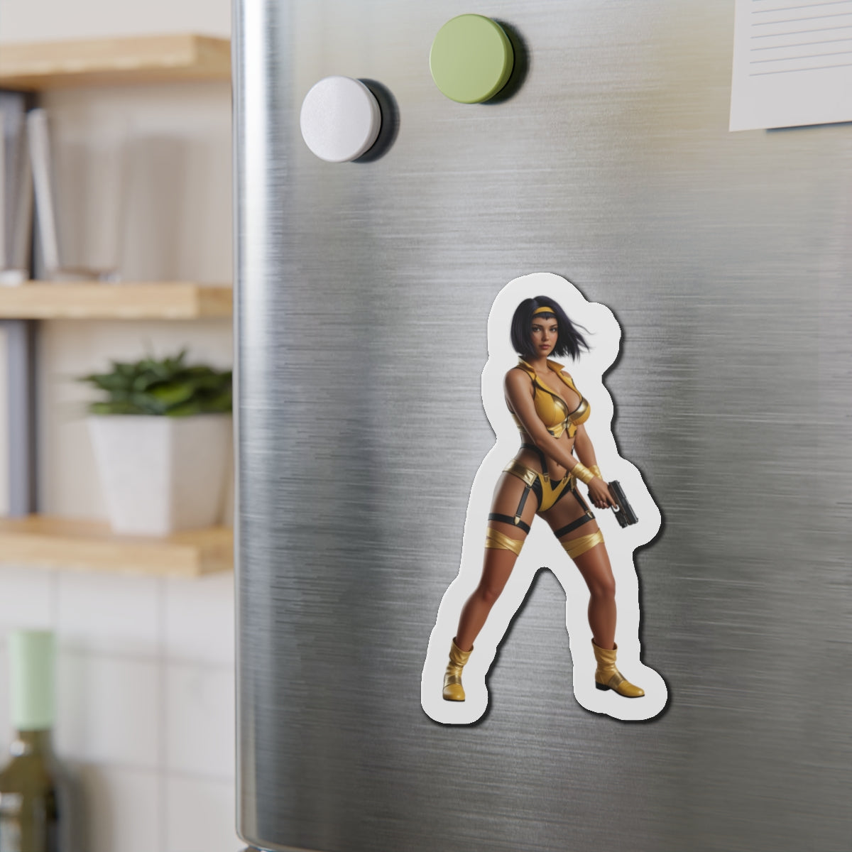 Faye Valentine Magnet – Cowboy Bebop Anime Heroine Fridge Magnet, Decor on stainless fridge showing die-cut vinyl anime-style Faye Valentine