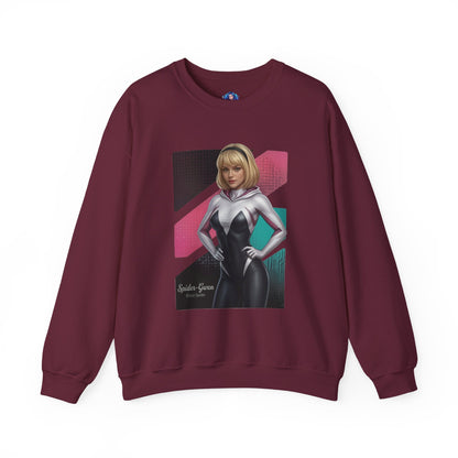 Spider Gwen Sweatshirt, Spider-Verse Crewneck, Stylish Superhero Apparel for Fans - maroon crewneck with Spider Gwen portrait and white-pink costume