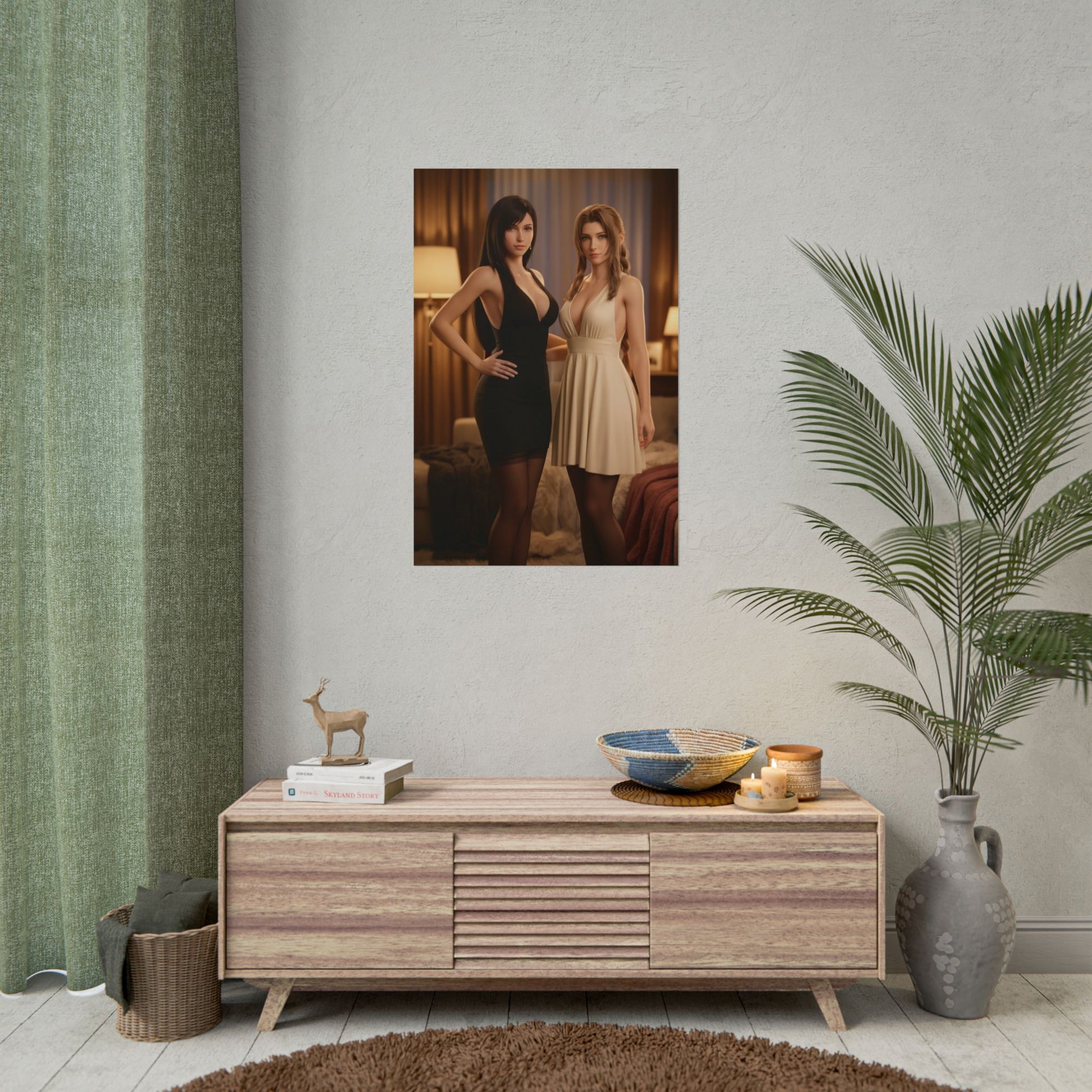 Tifa Aerith Poster, Final Fantasy Art Print – RPG Duo Collector Wall Art showing Tifa and Aerith portrait poster in modern gamer room decor