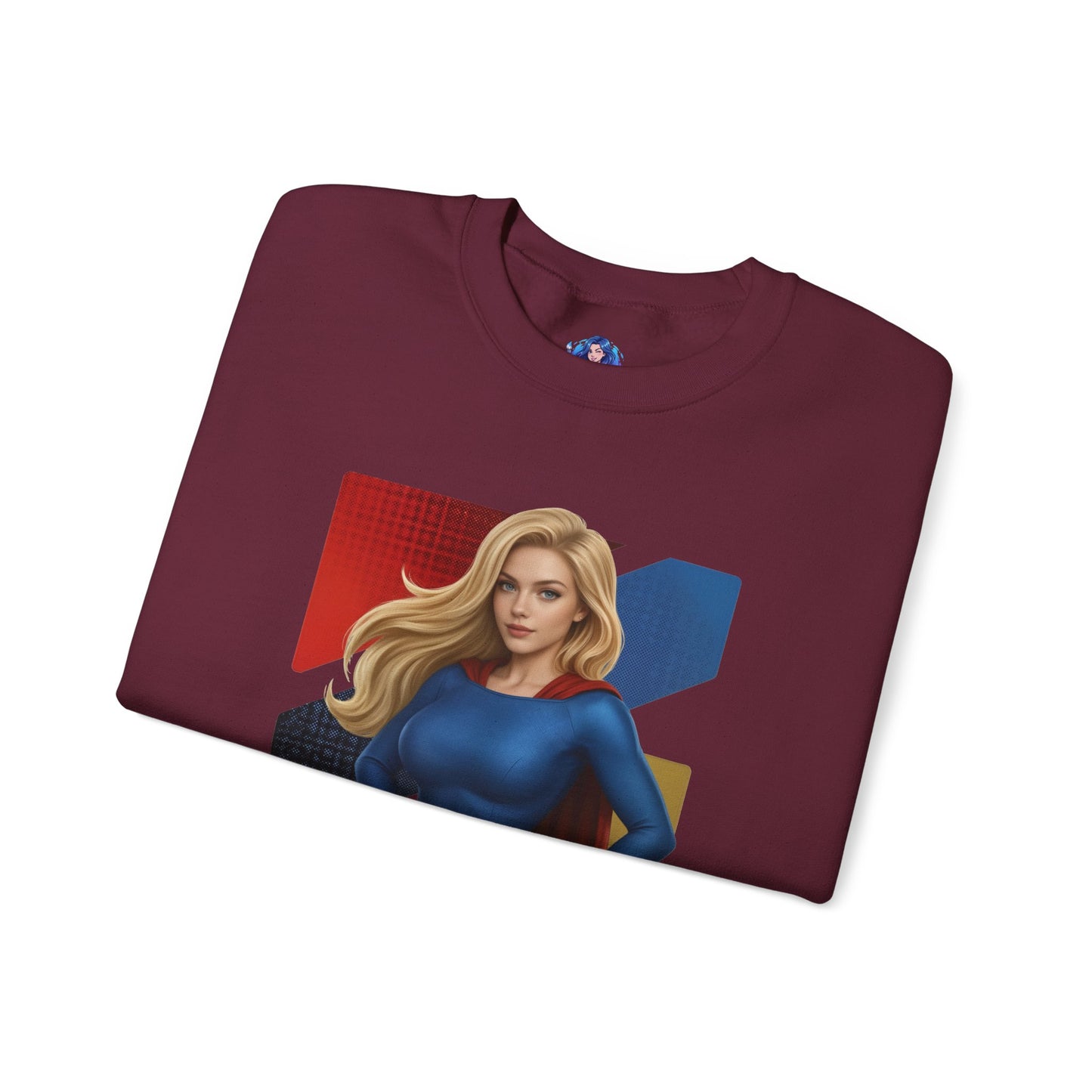 Supergirl Sweatshirt, DC Comics Crewneck, Iconic Superhero Apparel for Fans folded maroon crewneck with detailed Supergirl illustration and blue-red graphic
