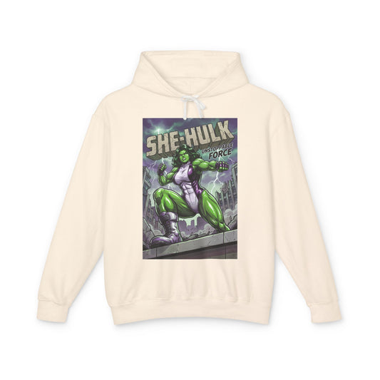 She-Hulk Hoodie | Marvel Superhero Hoodie | Powerful Heroine Pullover - cream cotton hoodie with bold comic-style She-Hulk graphic showing strength and confidence