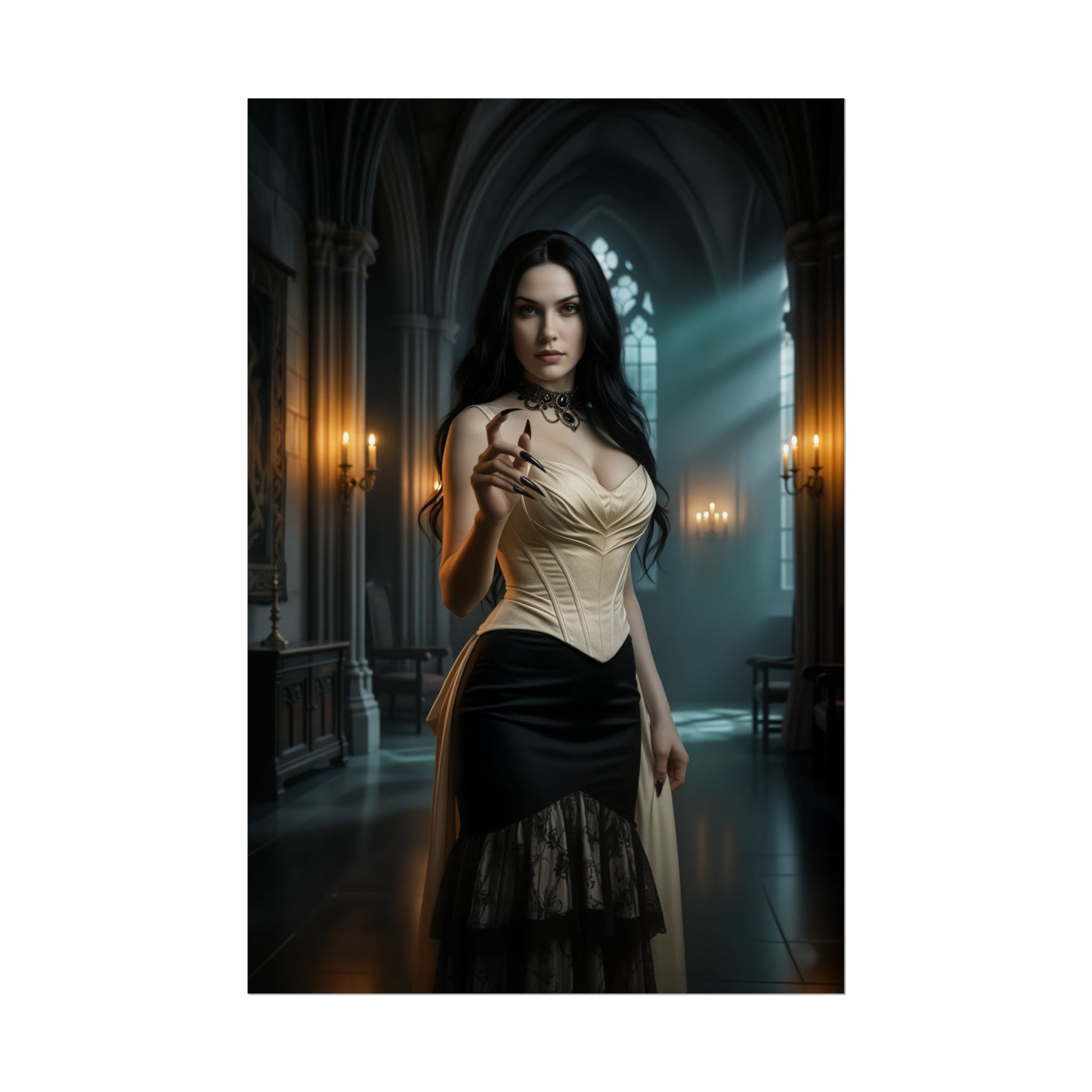 Lady Dimitrescu Poster Resident Evil Wall Art Print Gothic Decor - cinematic portrait of vampire noblewoman in candlelit gothic castle hall